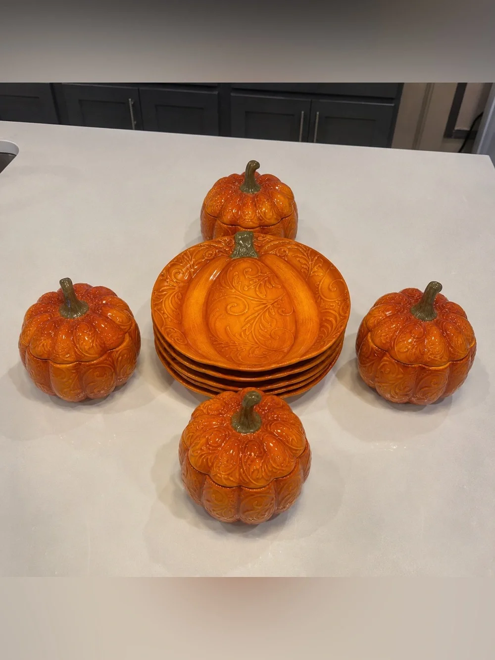 Pier 1 Pumpkin Dinnerware Set for 4 | 4 Pumpkin Soup Tureens w/ Lids + 4 Plate